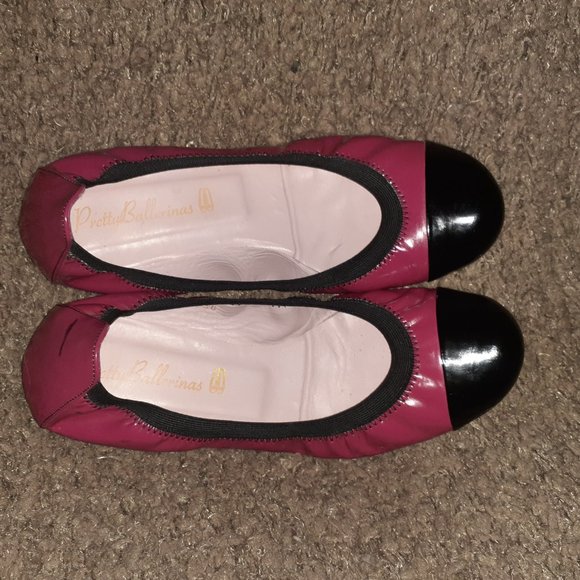 PRETTY BALLERINAS-SHIRLEY-Ballet Flats-Fuchsia w/Black Cap Toe Patent-Sz 38-EX - Picture 6 of 7